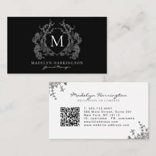 Modern Black White Floral Crest Monogram QR Code Business Card