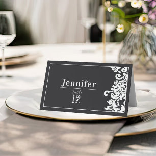 Modern Black & White Floral Damask Wedding Table Place Card