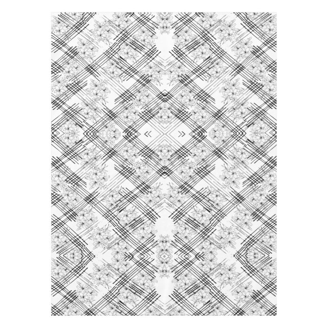 Modern Black & White Floral Geometric Pattern Tablecloth (Front)