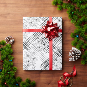 Modern Black & White Floral Geometric Pattern Wrapping Paper