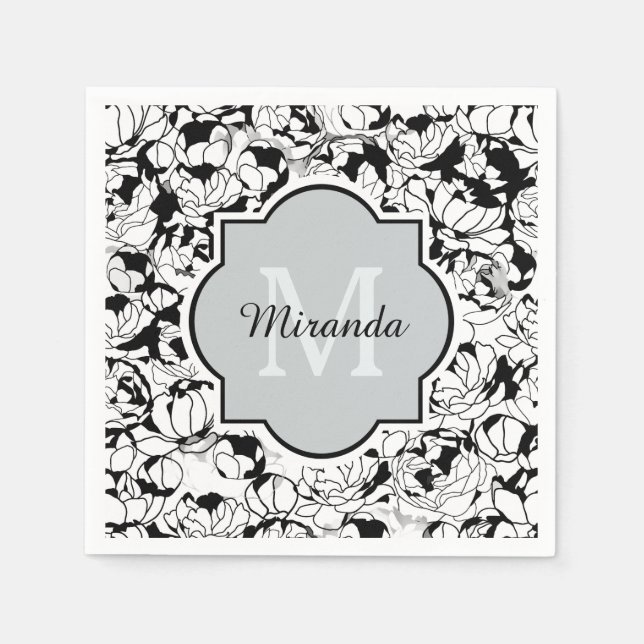 Modern Black White Floral Girly Monogram With Name Napkin (Front)
