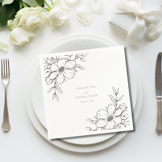 Modern Black White Floral Line Drawing Wedding  Napkin (Creator Uploaded)