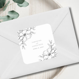 Modern Black White Floral Line Drawing Wedding  Square Sticker