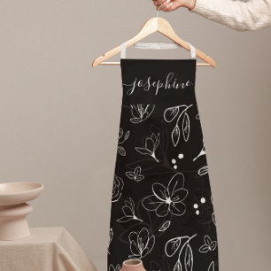 Modern Black White Floral lineart personalised Apron