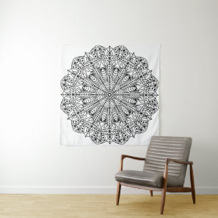 Modern Black & White Floral Mandala Tapestry