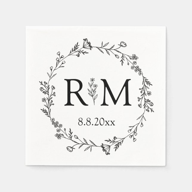 modern black & white floral monogram wedding  napkin (Front)