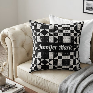 Modern Black & White Floral Pattern Custom Name Cushion