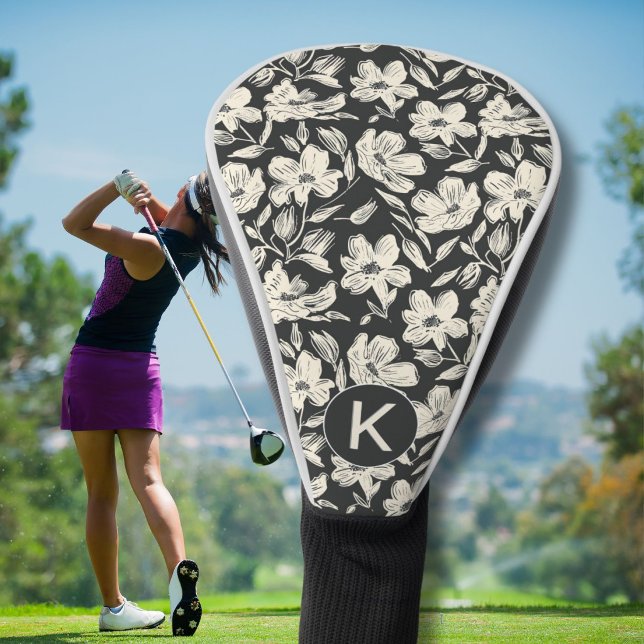 Modern Black White Floral Pattern Monogram Golf Head Cover (Creator Uploaded)