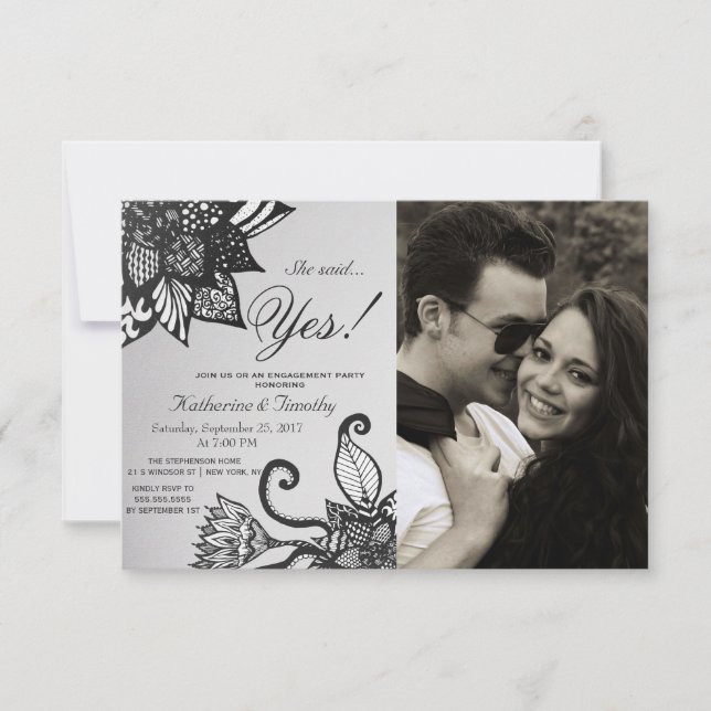Modern Black & White Floral Tangle Drawing Pattern Invitation (Front)