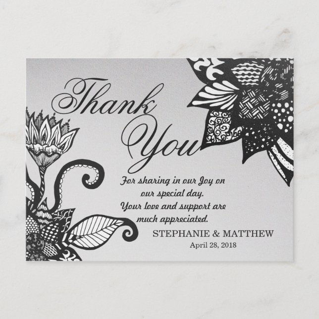 Modern Black & White Floral Tangle Drawing Pattern Postcard (Front)