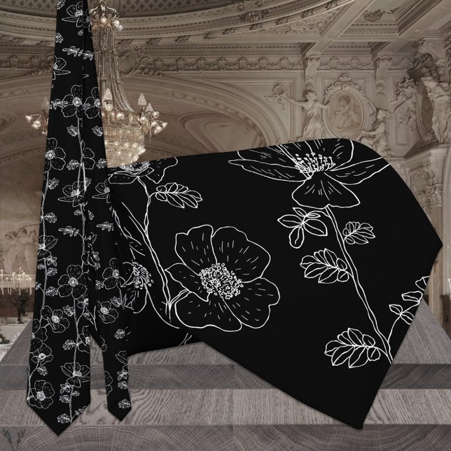 Modern Black & White Floral Vine Wedding Tie (Creator Uploaded)