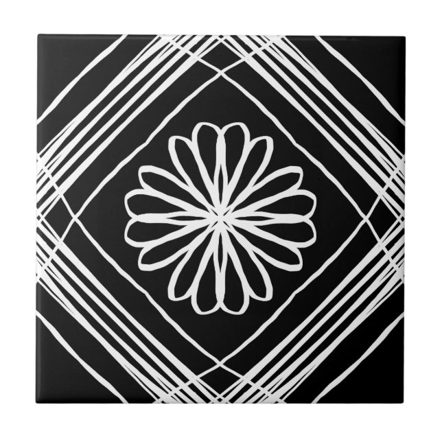 Modern Black White Flower Pattern Ceramic Tile (Front)