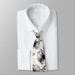 Modern Black White Flowers Alcohol Ink Tie