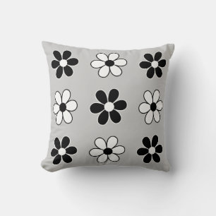 Modern Black & White Flowers on Light Silver Grey Cushion