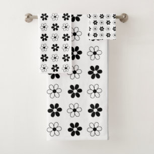 Modern Black & White Flowers on White Bath Towel Set