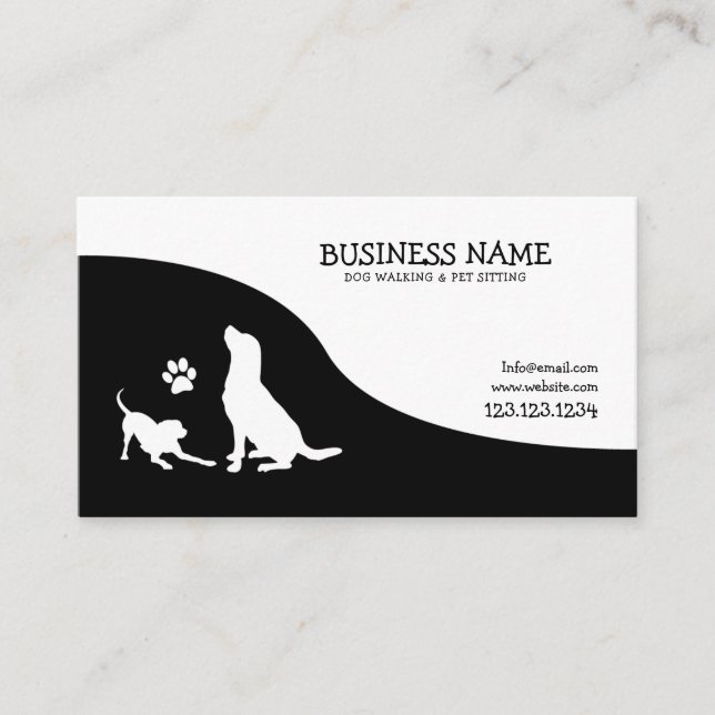 Modern Black & White Foot Silhouette Dog Walking Business Card (Front)