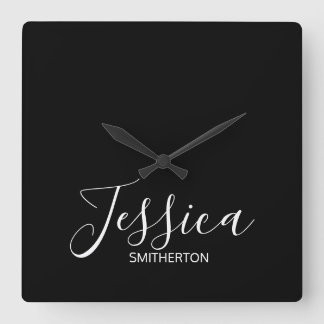 Modern Black White Full Name Elegant Minimal Square Wall Clock
