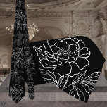 Modern Black & White Garden Peony Wedding Tie<br><div class="desc">A modern white and black wedding neck tie featuring a solid black background with a white outline of a garden peony with leaves.</div>