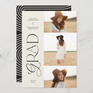 Modern black white geometric 3 photo graduation announcement