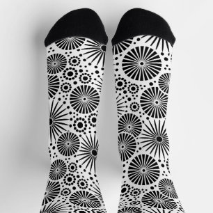 Modern Black White Geometric Flowers Starburst Socks