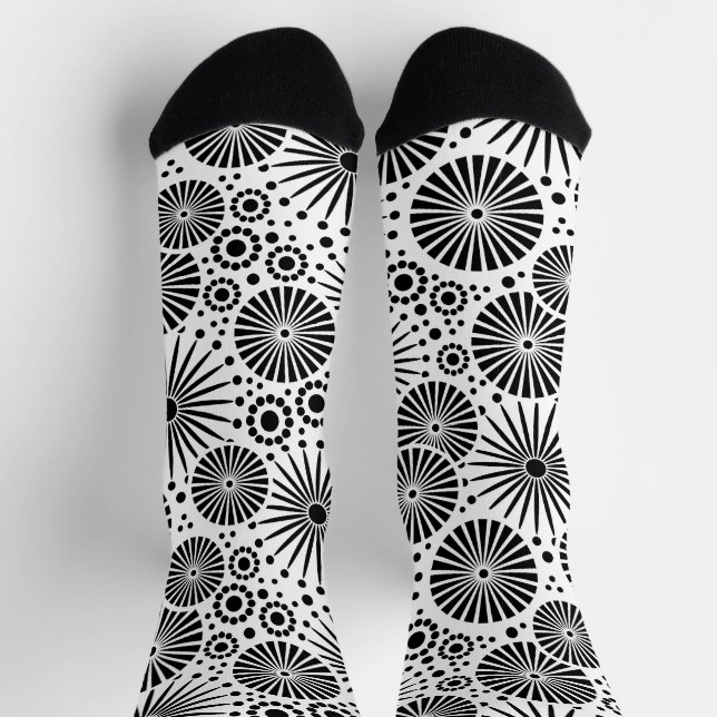 Modern Black White Geometric Flowers Starburst  Socks (Top)