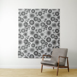 Modern Black White Geometric Flowers Starburst Tapestry