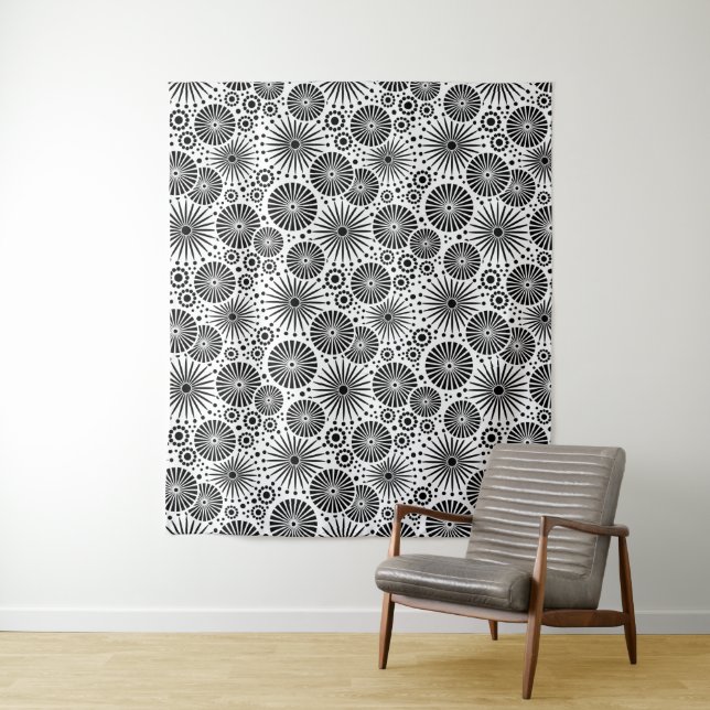 Modern Black White Geometric Flowers Starburst  Tapestry (In Situ)