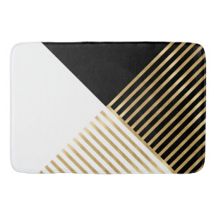 Modern Black White Geometric Gold Stripes Bath Mat