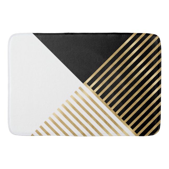 Modern Black White Geometric Gold Stripes Bath Mat (Front)