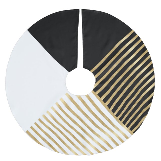 Modern Black White Geometric Gold Stripes Brushed Polyester Tree Skirt (Front)