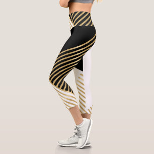 Modern Black White Geometric Gold Stripes Capri Leggings