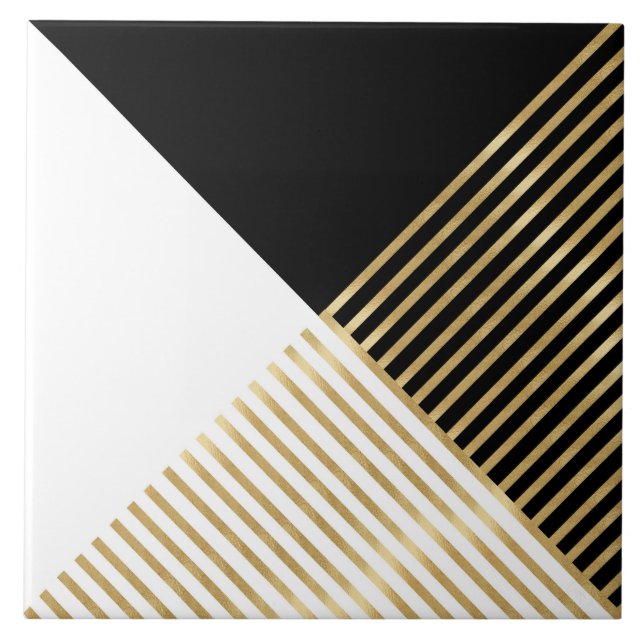 Modern Black White Geometric Gold Stripes Ceramic Tile (Front)