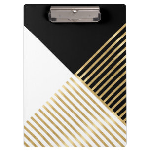 Modern Black White Geometric Gold Stripes Clipboard
