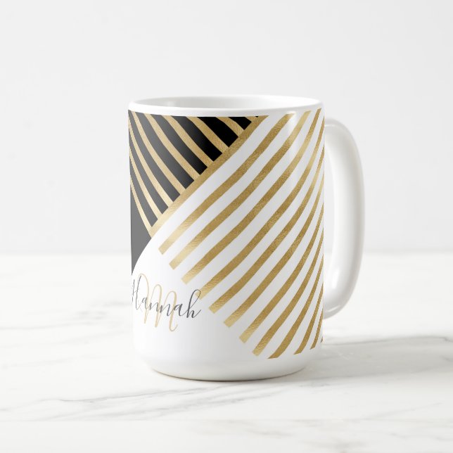 Modern Black White Geometric Gold Stripes Coffee Mug (Front Right)