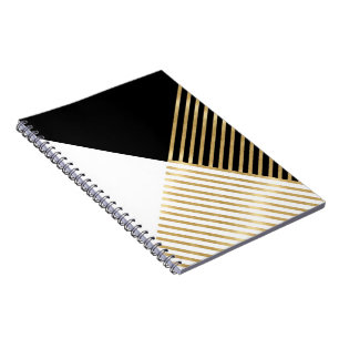 Modern Black White Geometric Gold Stripes Notebook