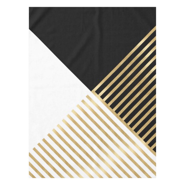 Modern Black White Geometric Gold Stripes Tablecloth (Front)