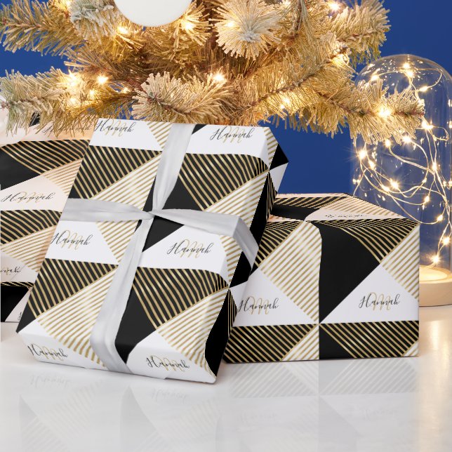 Modern Black White Geometric Gold Stripes Wrapping Paper (Holidays)