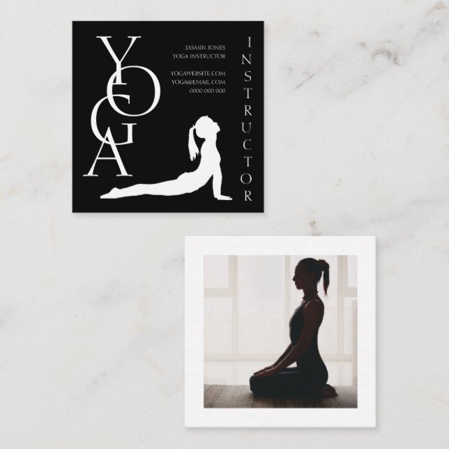 Modern Black White Geometric Photo Yoga Instructor Square Business Card (Front/Back)