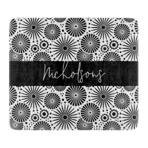 Modern black white geometric starburst Name Cutting Board
