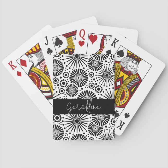 Modern black white geometric starburst Name  Playing Cards (Back)
