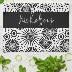 Modern black white geometric starburst Name Tea Towel