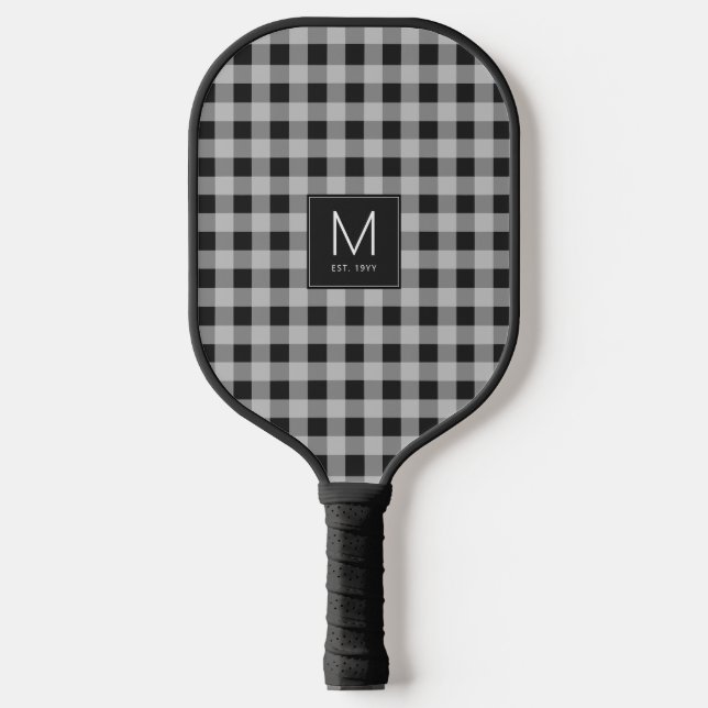 Modern Black & White Gingham Monogram Established Pickleball Paddle (Front)