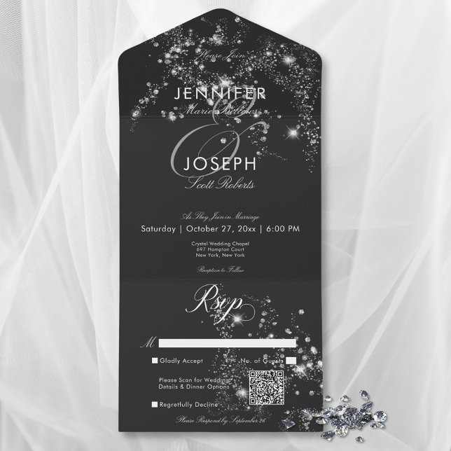 Modern Black & White Glam Diamonds QR Code All In One Invitation (Modern Black & White Glam Diamonds QR Code All In One Invitation)