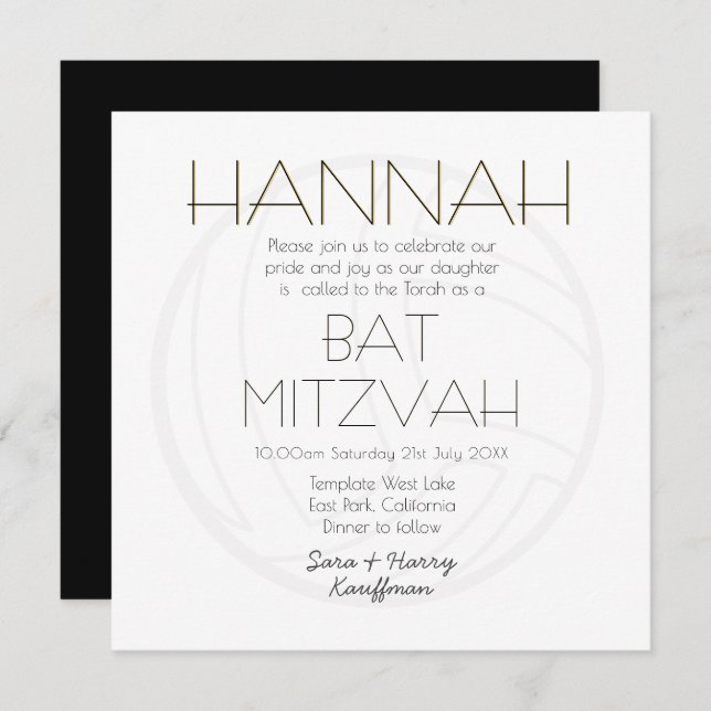 Modern Black White Gold BAT MITZVAH Volleyball Invitation (Front/Back)