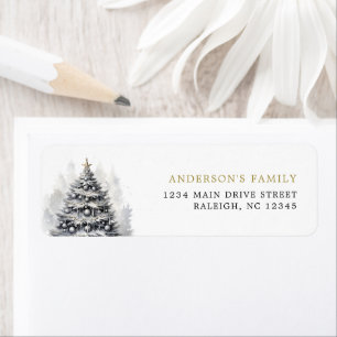 Modern Black & White  Gold Christmas Tree Party Return Address Label