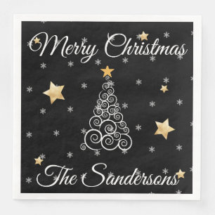 Modern Black  white  gold Christmas Wave tree   Napkin
