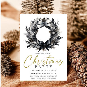 Modern Black & White Gold Christmas Wreath Party Invitation