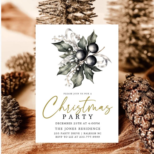 Modern Black & White Gold Christmas Wreath Party Invitation (Creator Uploaded)