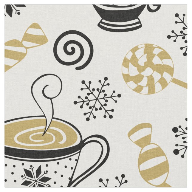 Modern Black White Gold Coffee Cup Candy Snowflake Fabric (Close Up)