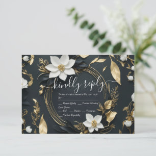 Modern Black White Gold Floral Wreath Wedding RSVP Card